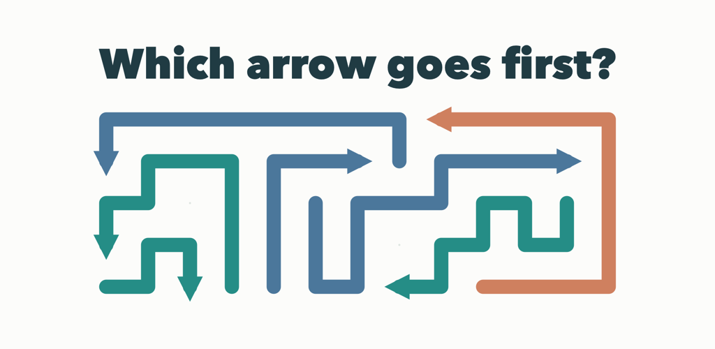 Which arrow goes first? A puzzle of interlocking blue, green and coral arrows