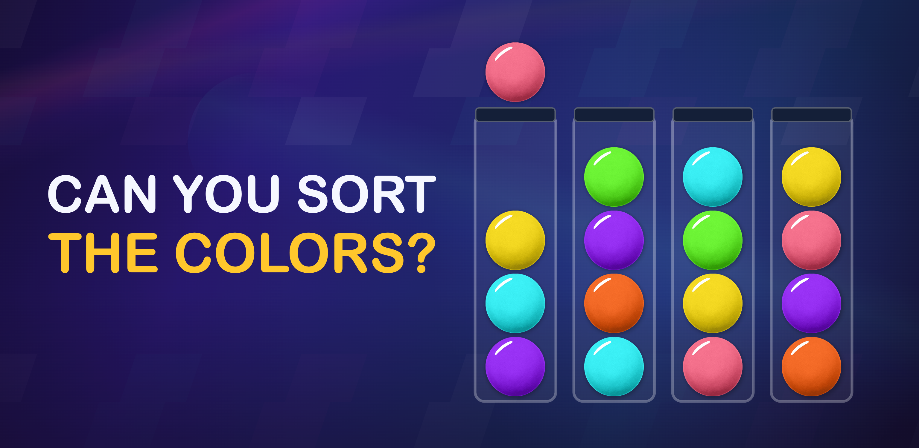 Can you sort the colors? Six colors of balls in four upright tubes on one continuous game background